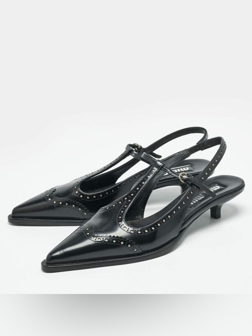 Miu Miu Brushed leather brogue slingback T-strap kitten heels